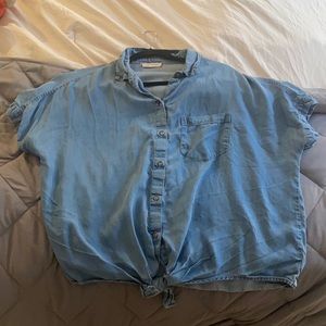 Oversized soft blue Jean knit tie shirt